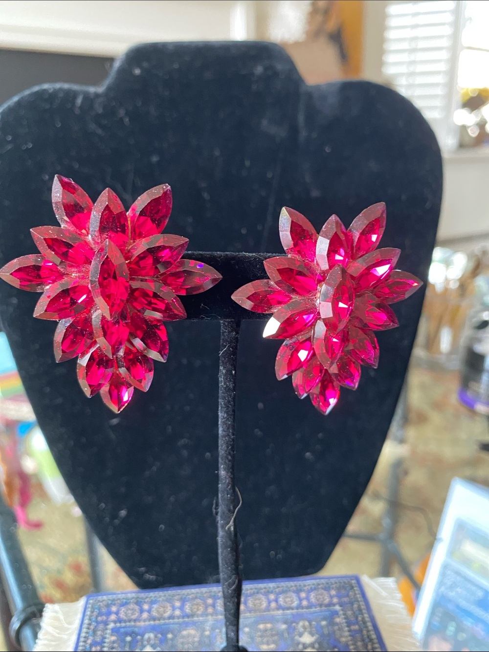 Vibrant Fuchsia Crystal Flower Clip-On Earrings - Women Jewelry
